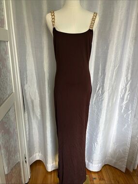 Gold-Chain Strap Brown Maxi Dress